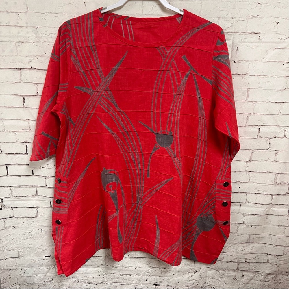 Mona Lisa India Tunic Blouse Red Lagenlook Large Oversized 100% Cotton